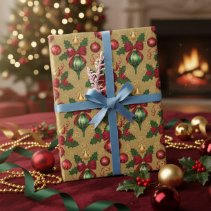 Kerstornamenten in Vintage rood en groen Cadeaupapier