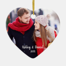 Kerstpaar Foto Rood Heart Snowflake Terug Keramisch Ornament
