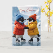 Kerstpaar Pinguïns Schaatsen Kaart (Gele Bloem)
