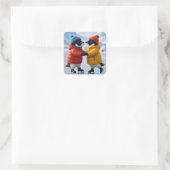 Kerstpaar Pinguïns Schaatsen Vierkante Sticker (Tas)
