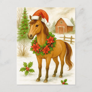 Kerstpaard Cozy Winter Watercolor Ansichtkaart Feestdagenkaart