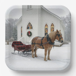 Kerstpaard-en-slee wachtend bij een kapel papieren bordje