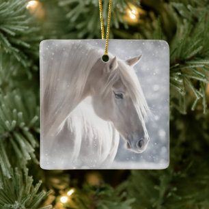 Kerstpaard in Sneeuw Lange Witte Manen Keramisch Ornament