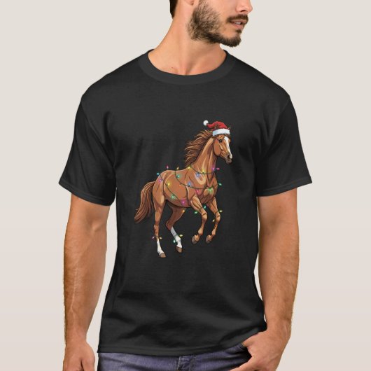 Kerstpaard met kerstmuts en kerstverlichting  t-shirt (Voorkant)