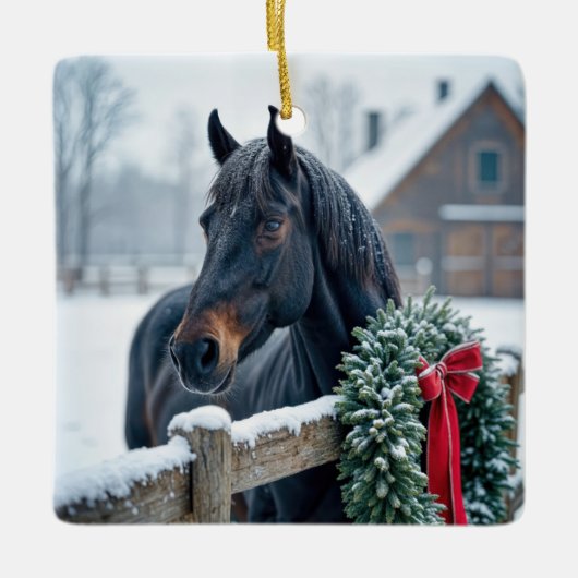 Kerstpaard met krans keramisch ornament (Voorkant)