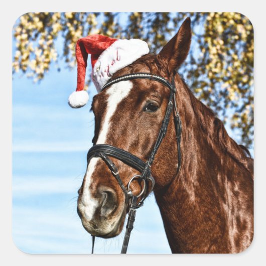 Kerstpaard met pet vierkante sticker (Voorkant)
