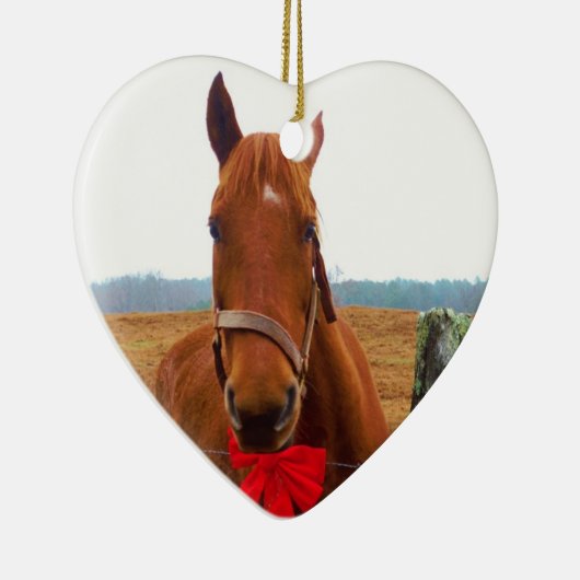 Kerstpaard met rode boog keramisch ornament (Rechts)