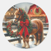  kerstpaard op een feestelijk Boerderij Ronde Sticker (Voorkant)