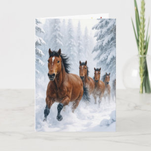 Kerstpaarden die door een besneeuwd bos rennen kaart