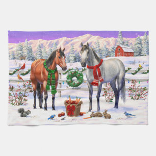 Kerstpaarden in de sneeuw theedoek
