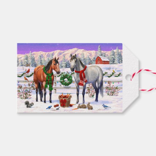 Kerstpaarden in sneeuw cadeaulabel (Voorkant (Horizontaal))