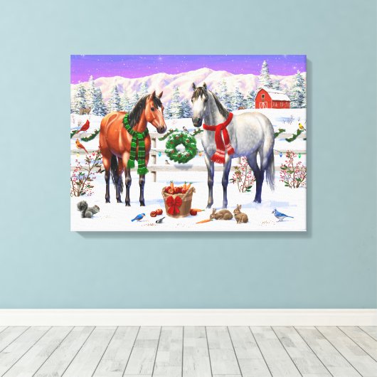 Kerstpaarden in sneeuw canvas afdruk (Insitu (Houten vloer))