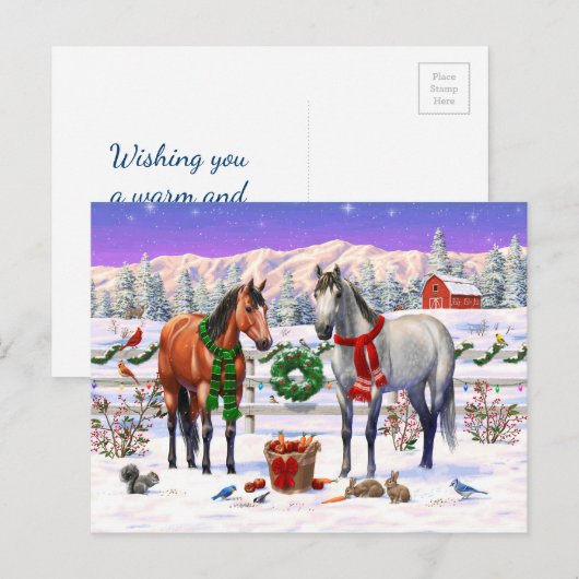 Kerstpaarden in sneeuw feestdagenkaart (Voorkant / Achterkant)