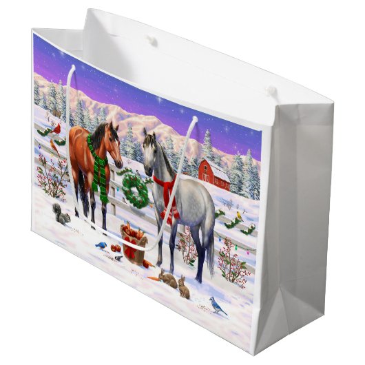 Kerstpaarden in sneeuw groot cadeauzakje (Voorkant Gekanteld)