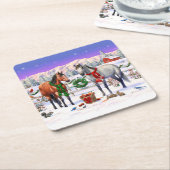 Kerstpaarden in sneeuw kartonnen onderzetters (Schuin)