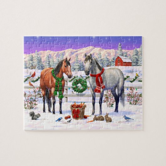Kerstpaarden in sneeuw legpuzzel (Horizontaal)