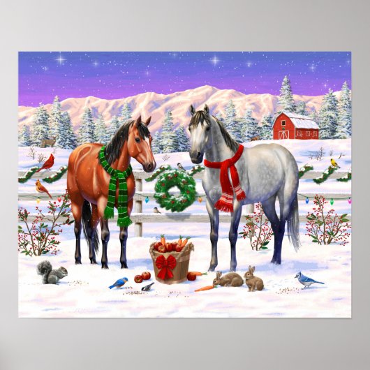 Kerstpaarden in sneeuw poster (Voorkant)
