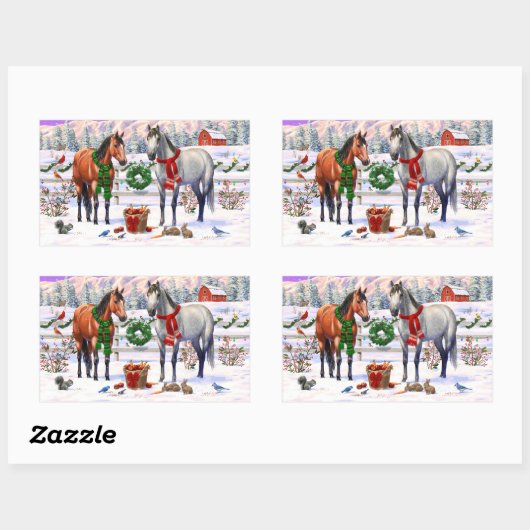 Kerstpaarden in sneeuw rechthoekige sticker (Vel)