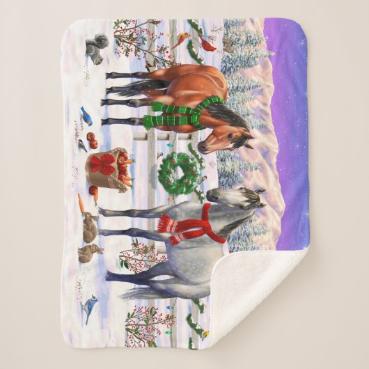 Kerstpaarden in sneeuw sherpa deken (Voorkant)