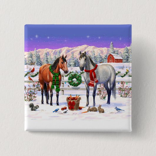 Kerstpaarden in sneeuw vierkante button 5,1 cm (Voorkant)