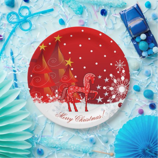 kerstpaarden, sneeuwvlokken, bomen en aangepaste t papieren bordje (Feest)