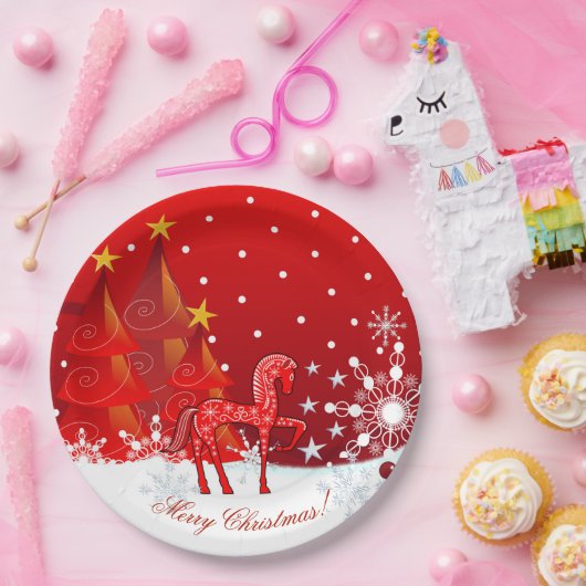 kerstpaarden, sneeuwvlokken, bomen en aangepaste t papieren bordje (Feest)