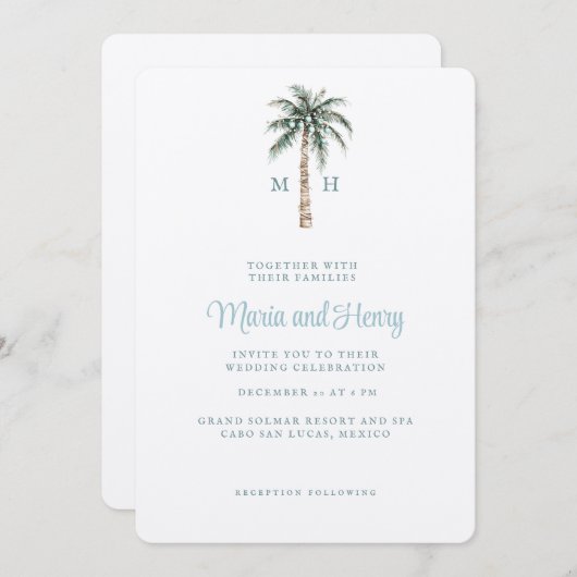 kerstpalmboom | Beach Wedding Monogram Kaart (Voorkant / Achterkant)