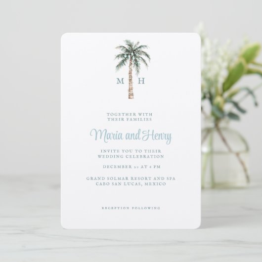 kerstpalmboom | Beach Wedding Monogram Kaart (Staand voorkant)