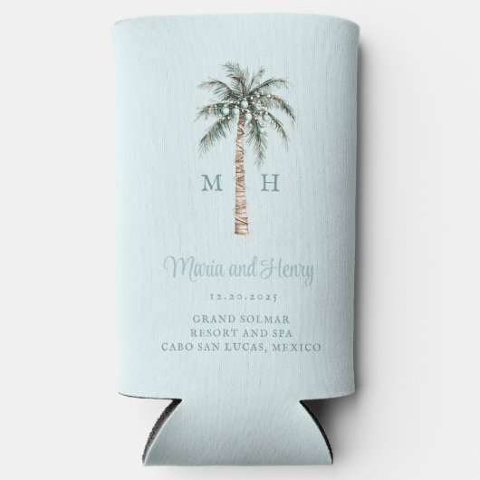 kerstpalmboom | Beach Wedding Monogram Seltzer Blikjeskoeler (Voorkant)
