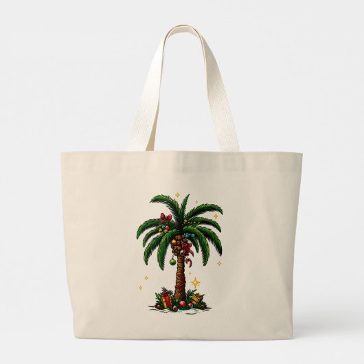 Kerstpalmboom, strand Aloha Kerstmis Grote Tote Bag (Achterkant)
