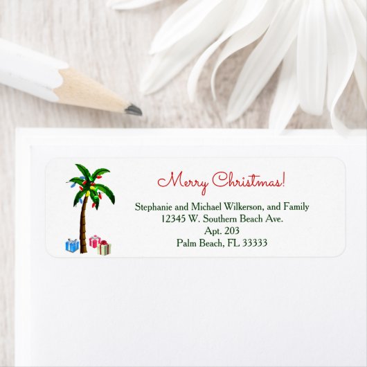 Kerstpalmboom, tropisch eilandstrand etiket (Insitu)