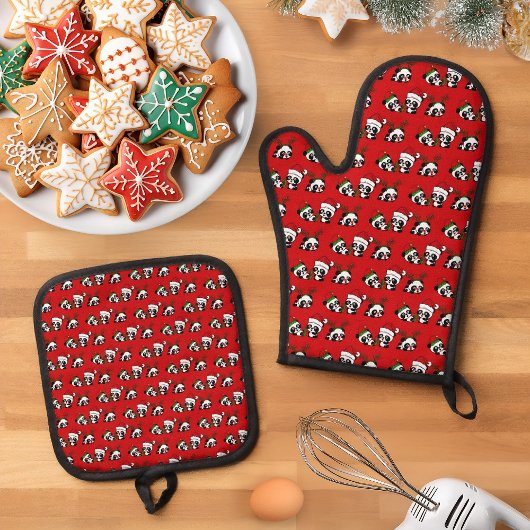 Kerstpanda's keukenhanddoek ovenwant & pannenlap set