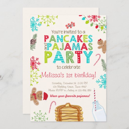 Kerstpannenkoek en pyjama verjaardagsuitnodiging kaart (Voorkant / Achterkant)