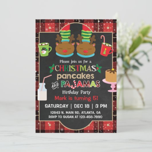 kerstpannenkoeken en pyjama's feest, uitnodiging (Staand voorkant)