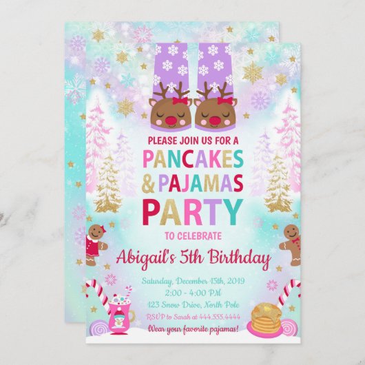 Kerstpannenkoeken en pyjama's Verjaardag uitnodigi Kaart (Voorkant / Achterkant)