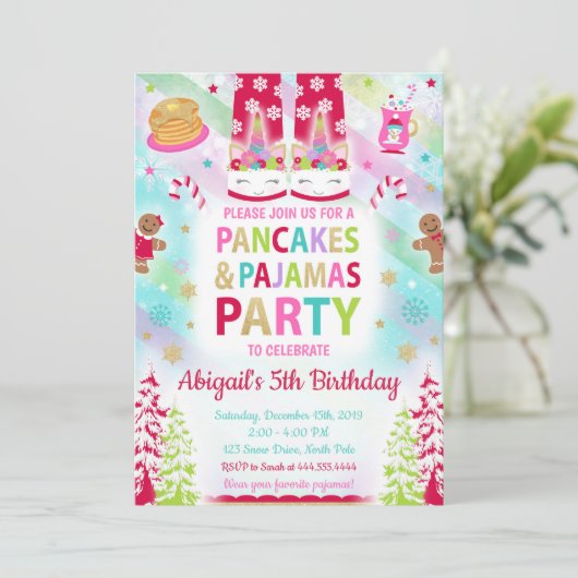 Kerstpannenkoeken en pyjama's Verjaardag uitnodigi Kaart (Staand voorkant)