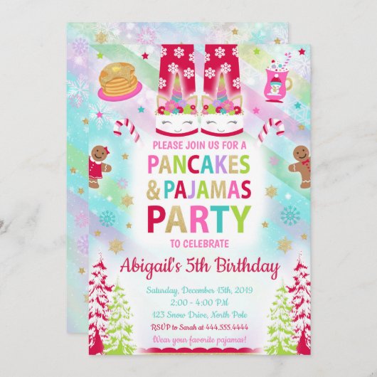 Kerstpannenkoeken en pyjama's Verjaardag uitnodigi Kaart (Voorkant / Achterkant)