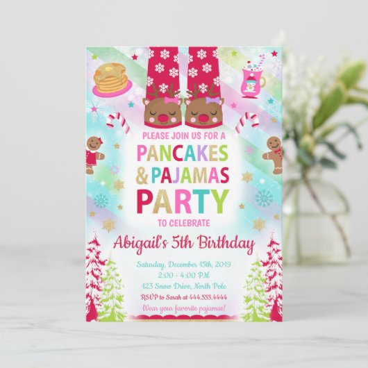 Kerstpannenkoeken en pyjama's Verjaardag uitnodigi Kaart (Staand voorkant)