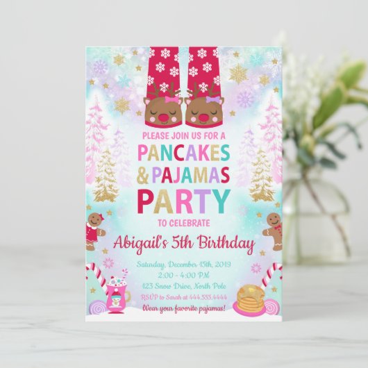 Kerstpannenkoeken en pyjama's Verjaardag uitnodigi Kaart (Staand voorkant)