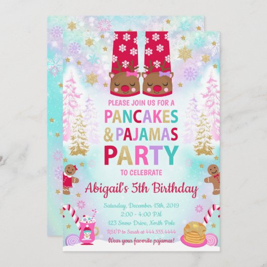 Kerstpannenkoeken en pyjama's Verjaardag uitnodigi Kaart (Voorkant / Achterkant)