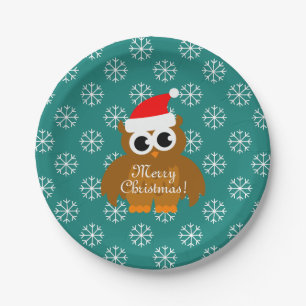 kerstpapier borden Santa owl met sneeuwvlokken Papieren Bordje