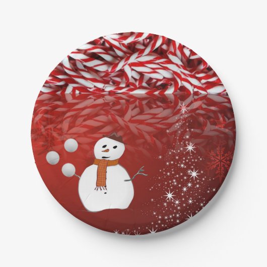 Kerstpapier Borden, Sneeuwman, Candy Cane Papieren Bordje (Voorkant)