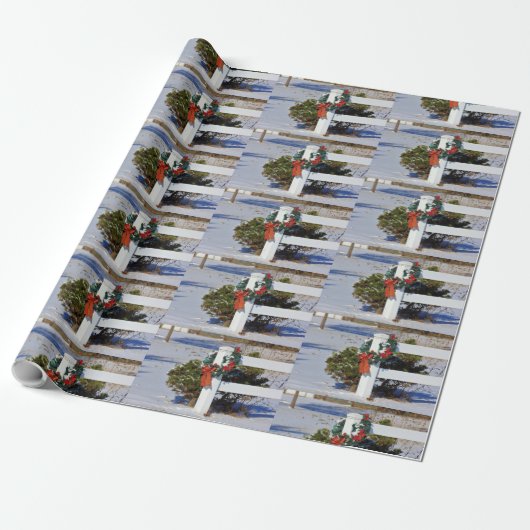 kerstpapier en omheining met witte omheining cadeaupapier (Uitgerold)