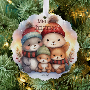 Kerstpapier met knuffelige bosdierenfamilie ornament kaart
