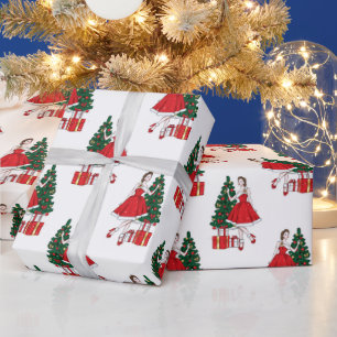 kerstpapier met meisje- en boompatroon cadeaupapier