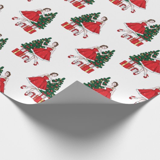 kerstpapier met meisje- en boompatroon cadeaupapier (Hoek)