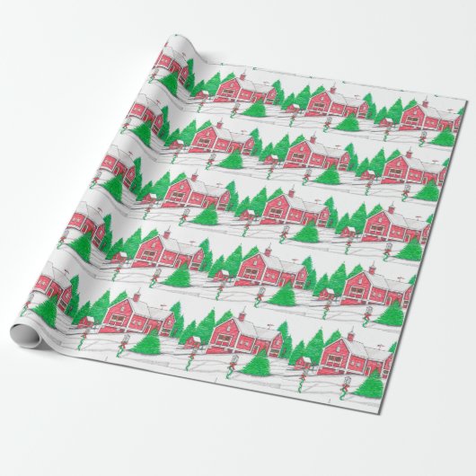 kerstpapier met rode barnwand cadeaupapier (Uitgerold)