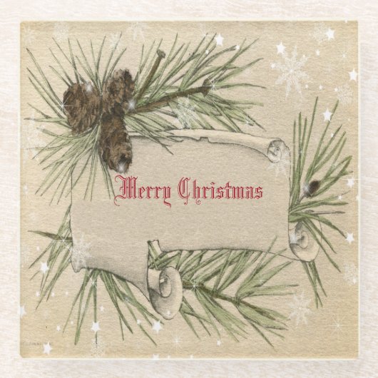 kerstpapier met scrollrol Pinecone Snowflakes Glazen Onderzetter (Voorkant)
