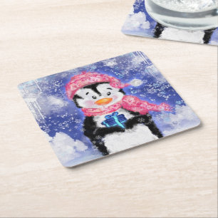 kerstpapier Onderzetter Baby Pinguïn met cadeau
