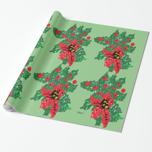 kerstpapier : POINSETTIAS Cadeaupapier (Uitgerold)